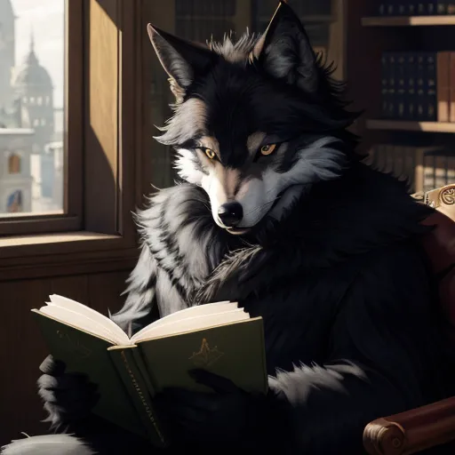 a wolf sitting in a chair reading a book in a library with a window behind it and a book in its lap, by Bakemono Zukushi