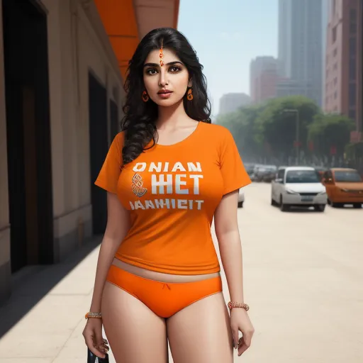 4k photo converter free - a woman in an orange shirt and a black bag standing on a sidewalk in front of a building with a city skyline, by Hendrik van Steenwijk I