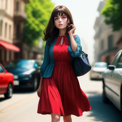 a woman in a red dress is talking on a cell phone while walking down the street with a blue purse, by Chen Daofu