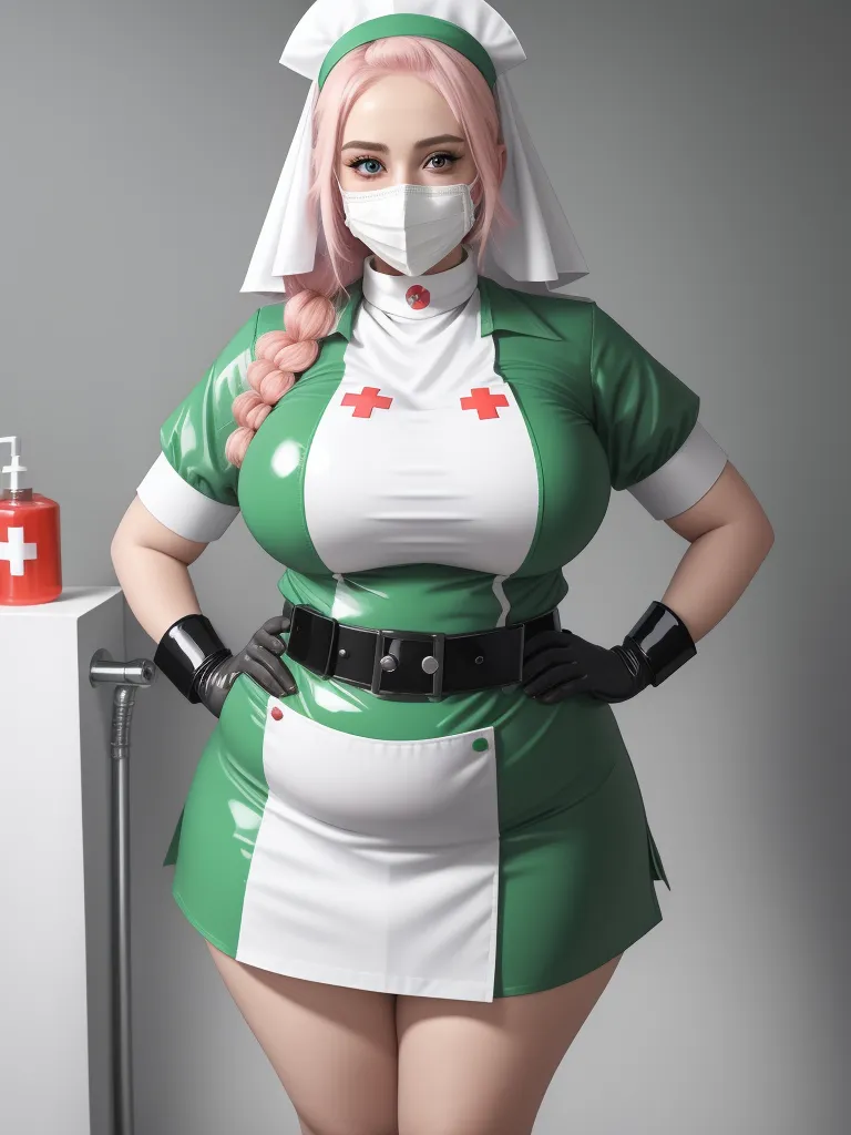 turn image into hd - a woman in a nurse outfit with a mask on her face and a medical mask on her mouth, standing in front of a counter, by Terada Katsuya