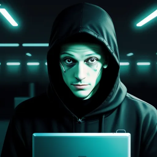 a man in a hooded sweatshirt holding a laptop computer in a dark room with lights on the ceiling and a green glow on his face, by Hendrik van Steenwijk I