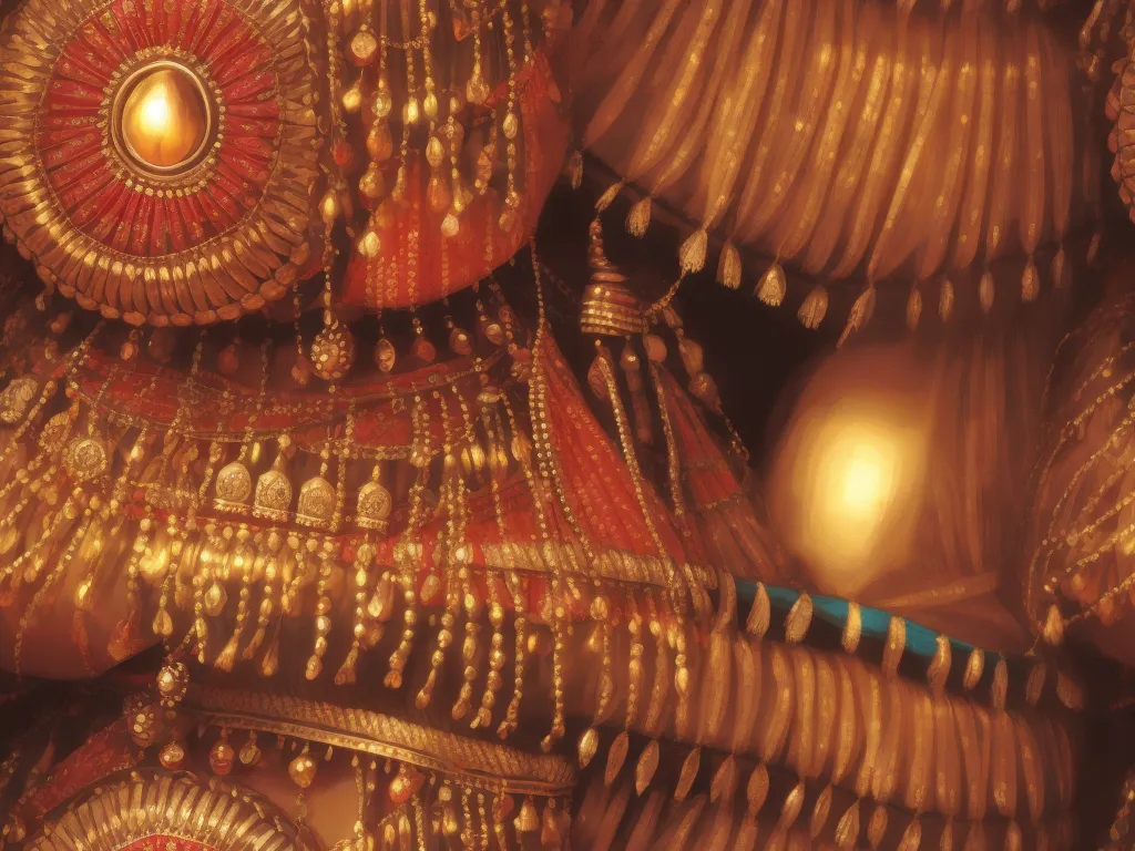 image ai generator from text - a close up of a bunch of gold jewelry on display in a store window display case, with a gold ball in the middle of the middle, by Raja Ravi Varma