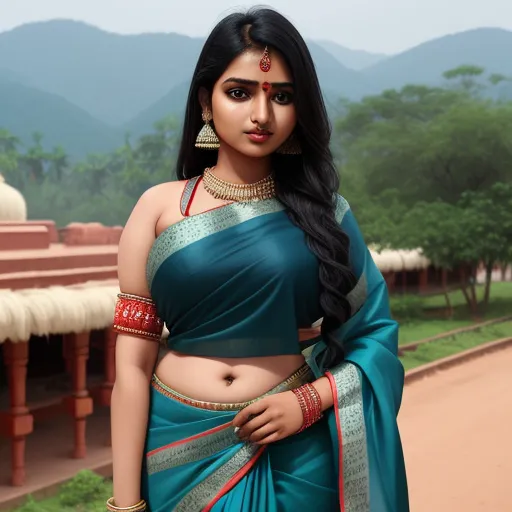photo images - a woman in a blue sari with a green blouse and gold jewelry on her neck and shoulder, standing in front of a building, by Raja Ravi Varma
