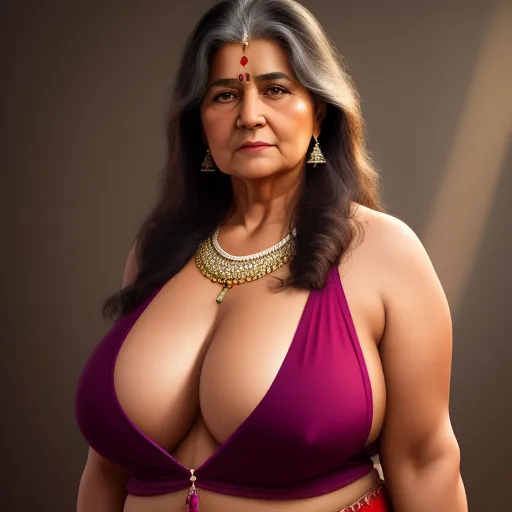 best free ai image generator - a woman with a big breast wearing a purple top and gold jewelry and a necklace on her neck and chest, by Raja Ravi Varma