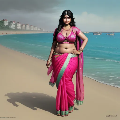 ai image generator text - a woman in a pink sari on the beach with a blue sky in the background and a body of water in the foreground, by Raja Ravi Varma