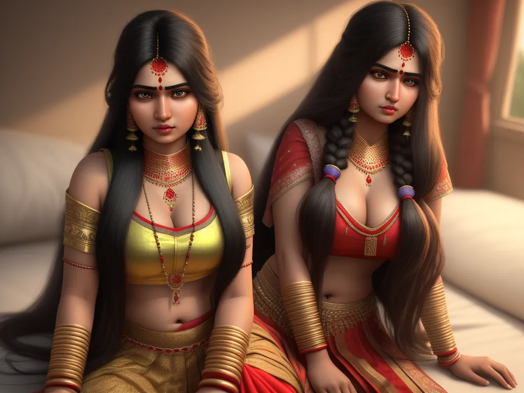 ai-generated images - two women in indian clothing sitting on a bed together, one of them is wearing a necklace and the other is wearing a bra, by Raja Ravi Varma