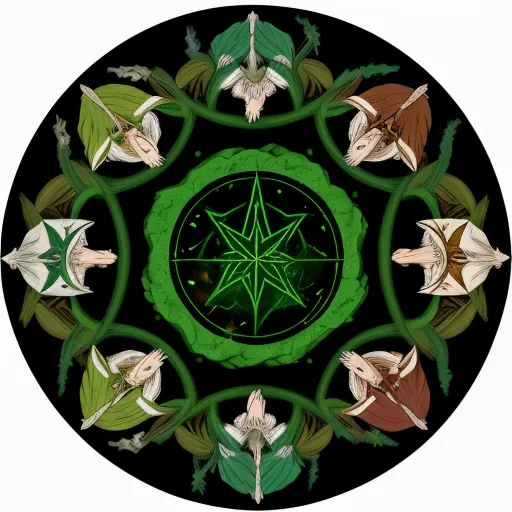 a circular design with leaves and a star in the center of it, on a black background with a green border, by Diane Dillon