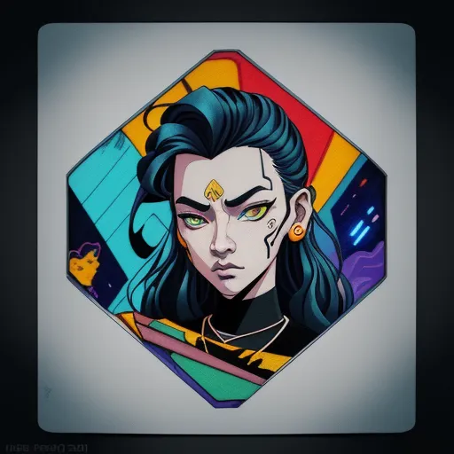 make image higher resolution - a painting of a woman with blue hair and piercings on her face and a diamond shaped background with a geometric design, by Lois van Baarle