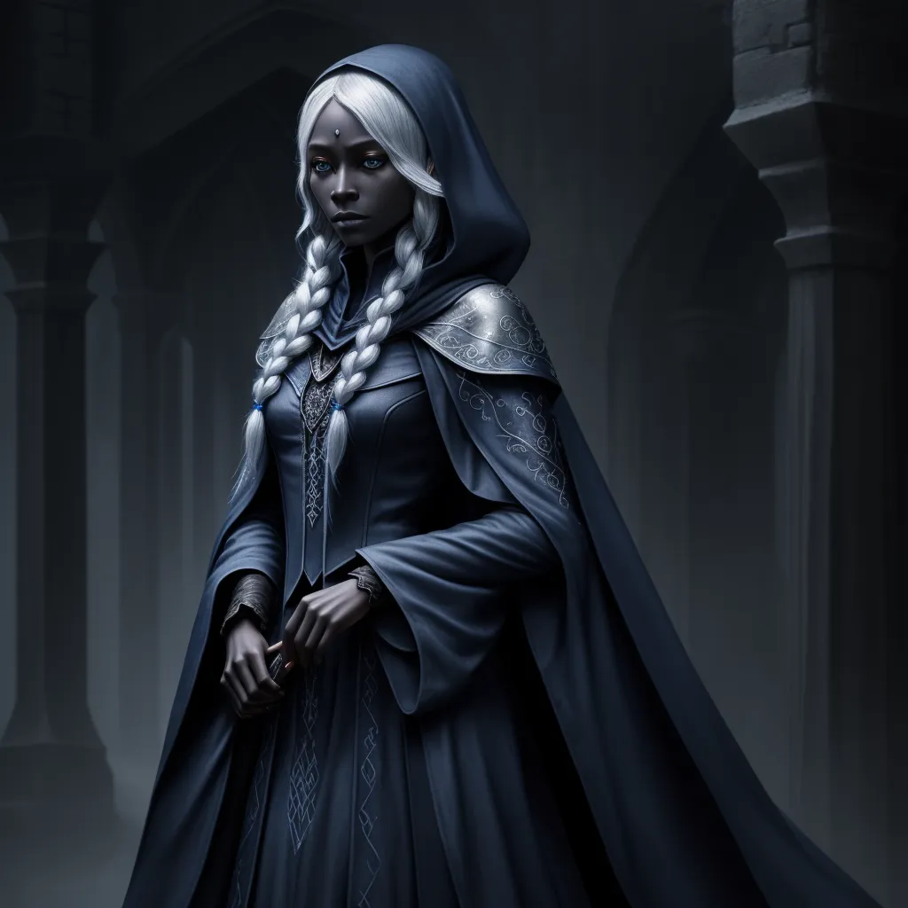 high resolution images - a woman in a black dress and a white hair is standing in a dark room with columns and pillars, by Antonio J. Manzanedo