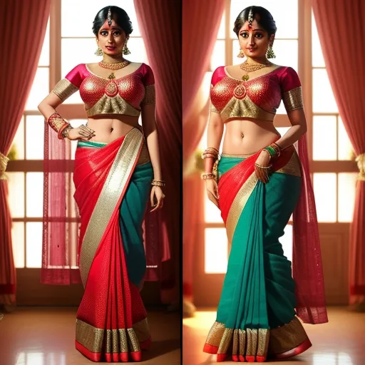 convert to 4k photo - a woman in a red and green sari with a gold border on her chest and a red and green sari with a gold border on her chest, by Raja Ravi Varma