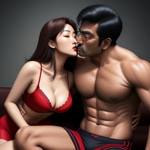 ai text to picture generator - a man and a woman are kissing on a couch with a man in a red underwear and a woman in a red bra, by Kent Monkman