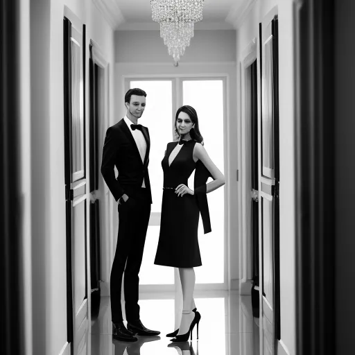 images hd free - a man and a woman standing in a hallway together in formal wear and high heels, all dressed in black, by George Lambourn