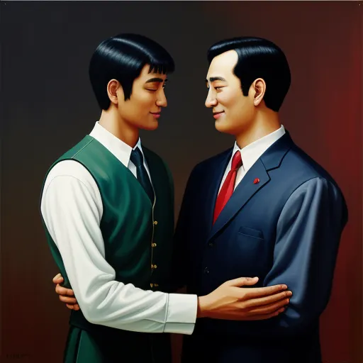 a painting of two men in suits and ties, one is touching the other's chest and the other is touching his shoulder, by Liu Ye
