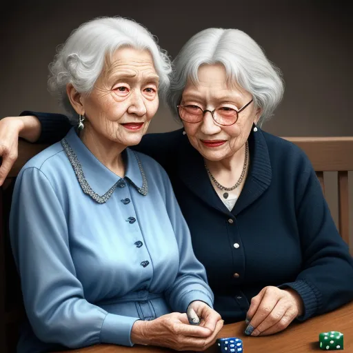 two older women sitting at a table with dices in front of them and one of them is holding a dice, by Shusei Nagaoko