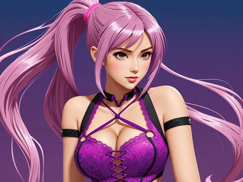 ai that generate images - a woman with pink hair and a bra top on a purple background with a purple background and a blue sky, by Hanabusa Itchō