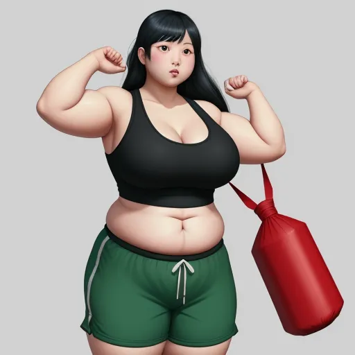 image sharpener - a woman in a black top and green shorts with a red boxing bag on her shoulder and a red boxing bag on her hip, by Terada Katsuya