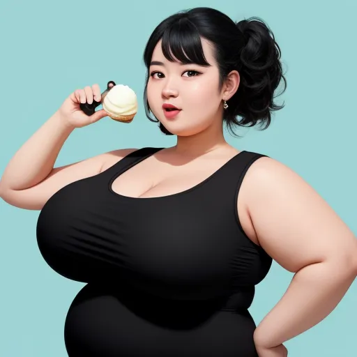 a woman in a black dress holding a cupcake and a donut in her hand and a blue background, by Terada Katsuya