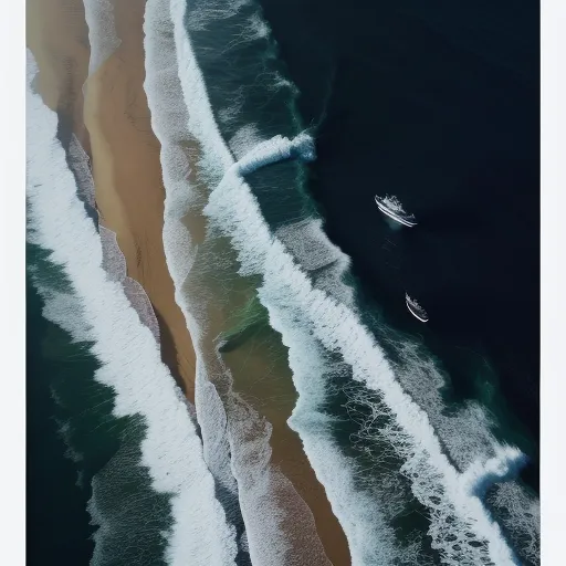 two boats are in the water near the shore of a beach with waves crashing on the shore and a beach with a sandy shoreline, by Andreas Gursky