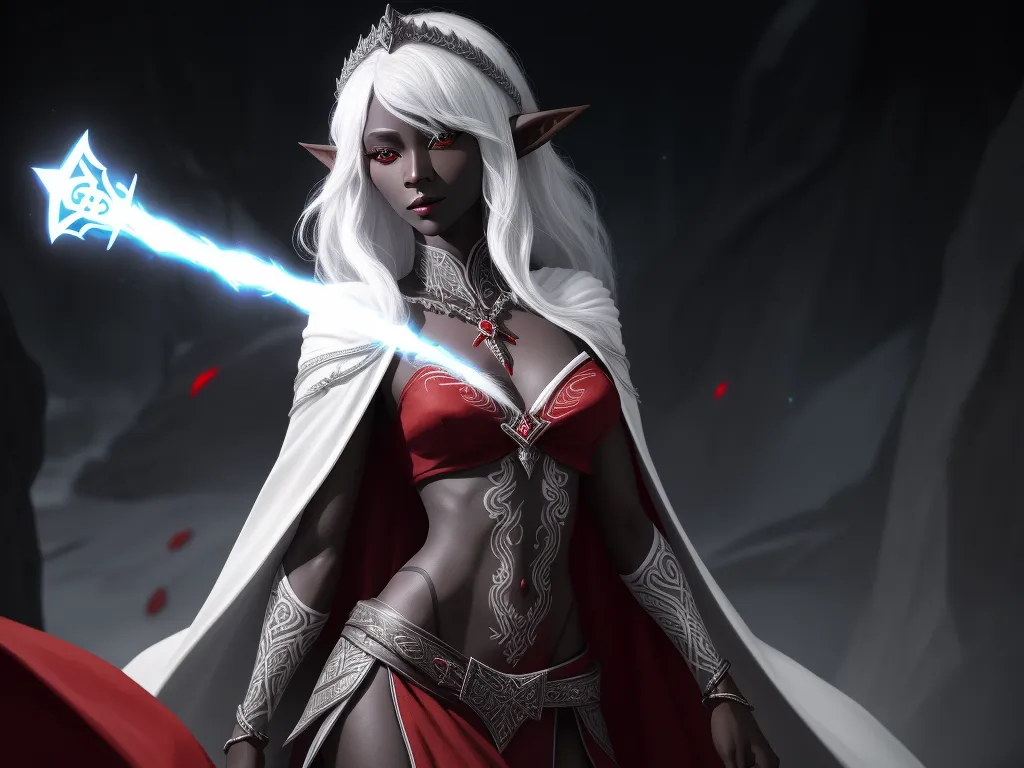 ai create image from text - a woman in a red dress with a sword in her hand and a white hair and a white face, by Daniela Uhlig