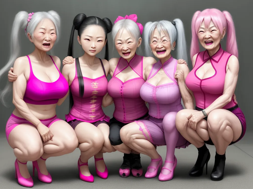 change photo resolution - a group of women in pink lingerie outfits posing for a picture together with their hair in pigtails, by Hirohiko Araki