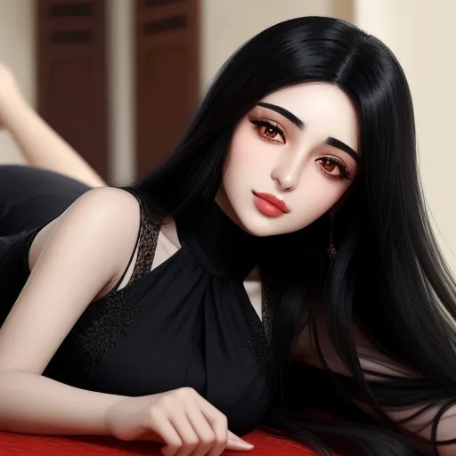 ai text to image generator - a woman with long black hair laying on a red couch wearing a black dress and gold earrings and a black necklace, by Chen Daofu