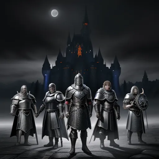 a group of knights standing in front of a castle at night with a full moon in the background and a castle lit up behind them, by Kentaro Miura