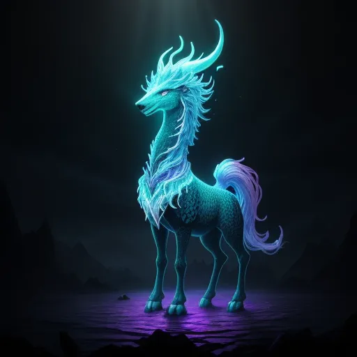 what is high resolution photo - a blue horse standing in the middle of a dark room with a light shining on it's head, by Lois van Baarle