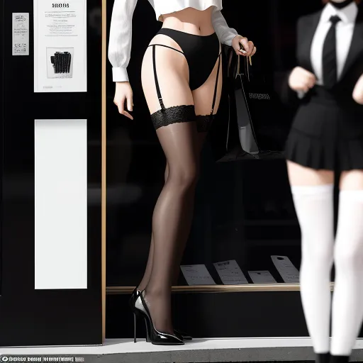 4k hd photo converter - a woman in a skirt and stockings is walking out of a building with a purse in her hand and a man in a suit is standing behind her, by Terada Katsuya