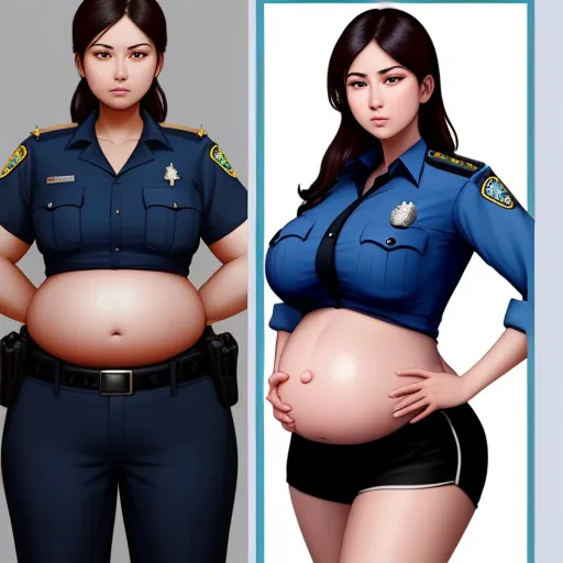 a woman in police uniform standing next to a pregnant woman in a police uniform and a police officer in uniform, by Botero