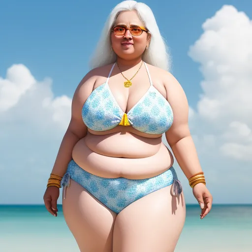 ai your photos - a woman in a bikini standing on a beach next to the ocean with a big belly and glasses on, by Fernando Botero