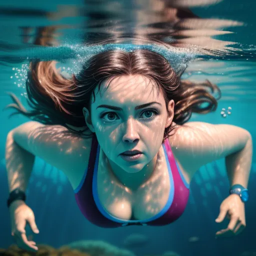 ai image generator text - a woman in a bikini swimming under water with a fish in her hand and a man in the background, by Filip Hodas
