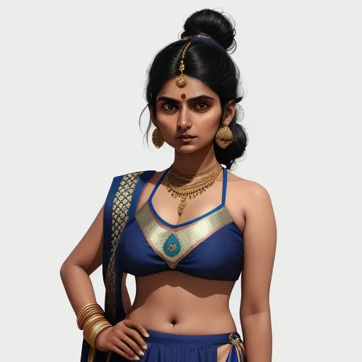 ai upscaler - a woman in a blue and gold outfit with a necklace and earrings on her head and a necklace on her neck, by Raja Ravi Varma