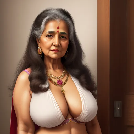a woman with a big breast wearing a bra and a necklace and earrings on her chest and a door behind her, by Raja Ravi Varma