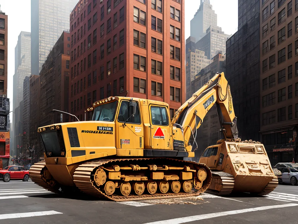 free ai text to image generator - a large yellow bulldozer is parked in the middle of a city street with tall buildings in the background, by Jeremy Geddes