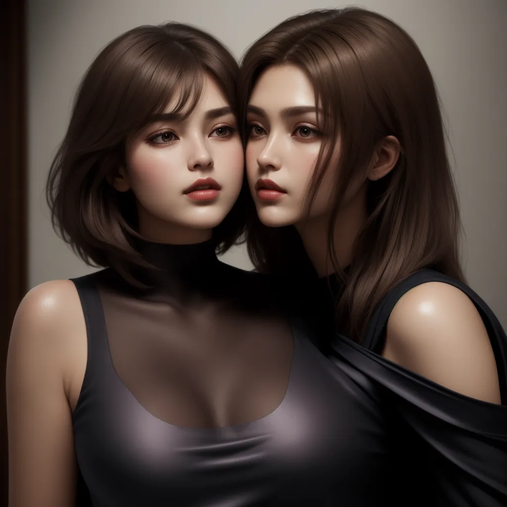 ai image genorator - two women are standing next to each other in a photo studio, one of them is wearing a black top, by Terada Katsuya