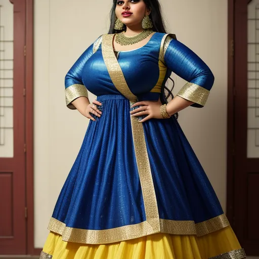 a woman in a blue and yellow dress with gold trims and a gold belt on her waist, standing in a doorway, by Hendrik van Steenwijk I