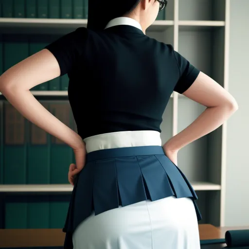 a woman in a skirt standing in front of a bookcase with her back to the camera and her hands on her hips, by Sailor Moon