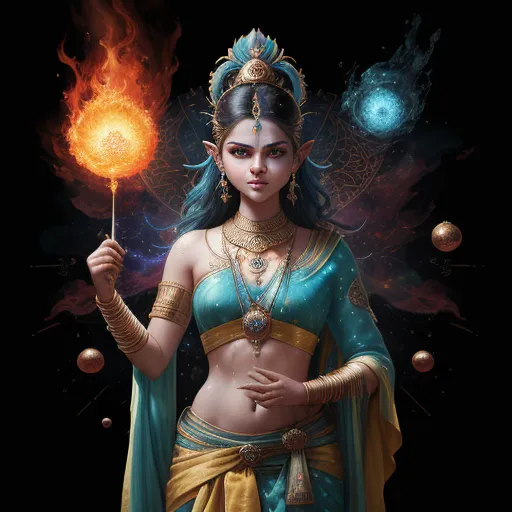 generate photo from text - a woman in a blue and gold outfit holding a ball of fire and a wand in her hand with a black background, by Tom Bagshaw