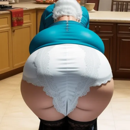 ai image generator text - a woman in a skirt and stockings is bending over in the kitchen floor with her butt exposed and her legs bent over, by Botero