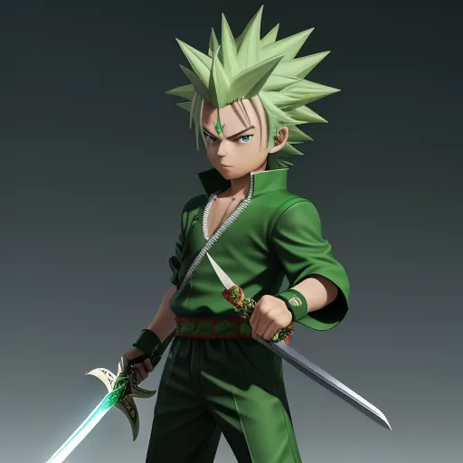 a cartoon character holding two swords and a sword in his hand, with a green outfit on and a black background, by Akira Toriyama