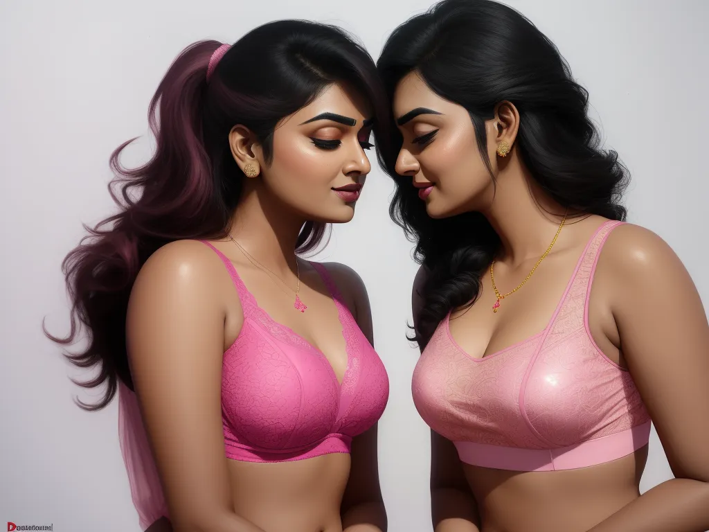 make a picture 4k online - two women in pink bras are facing each other and one is wearing a pink bra top and the other is wearing a pink bra, by Raja Ravi Varma