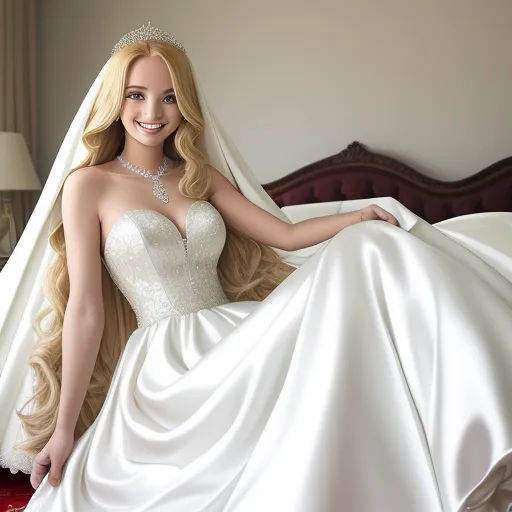 ai image generator from text - a woman in a wedding dress posing on a bed with a veil on her head and a diamond necklace on her neck, by Toei Animations