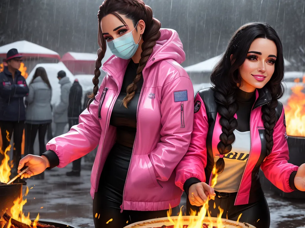 two women in pink jackets cooking over a fire pit in the rain with a face mask on and a crowd of people in the background, by Lois van Baarle