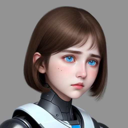 ai genrated images - a woman with a robot suit and blue eyes is posing for a picture with a gray background and a gray background, by Terada Katsuya