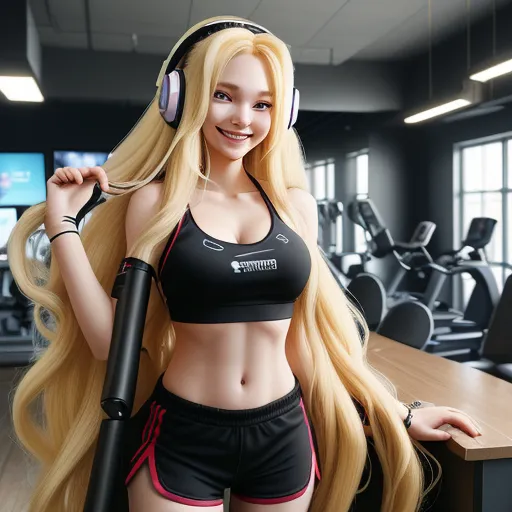 a woman with headphones and a black top is posing in a gym with a large blonde wig and a black headphone, by Terada Katsuya