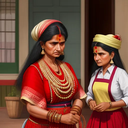 enhance image quality - a painting of two women in traditional indian garb, one of which is wearing a necklace and the other is wearing a head piece of jewelry, by Raja Ravi Varma