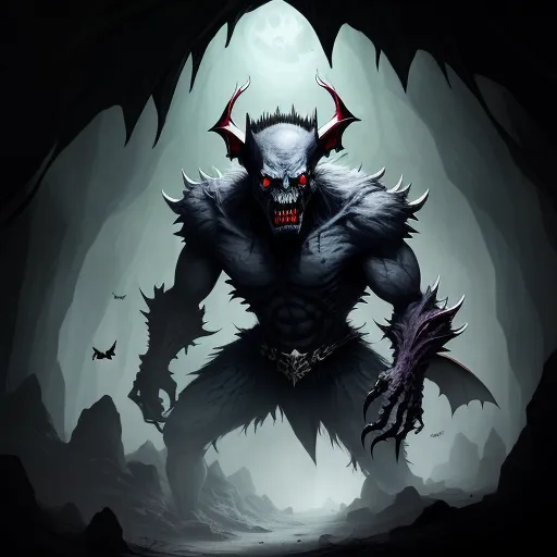 hd quality picture - a demonic demon with horns and fangs in a cave with bats and bats on it's face, with a light shining through the darkness, by Heinrich Danioth