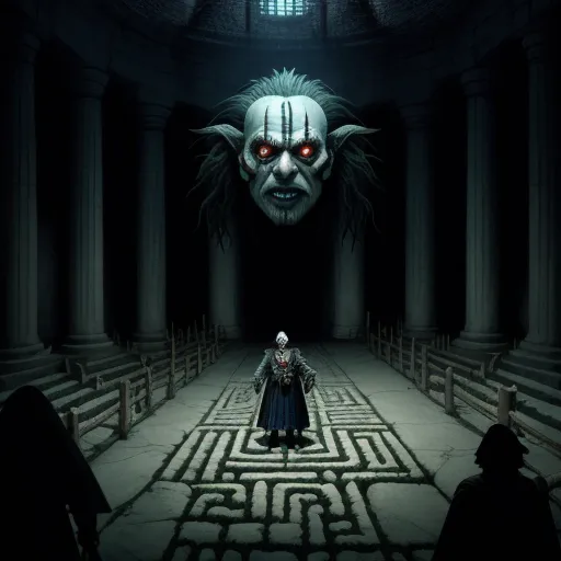 4k converter photo - a creepy looking person standing in a dark room with a maze in front of him and a creepy looking demon in the background, by Kentaro Miura