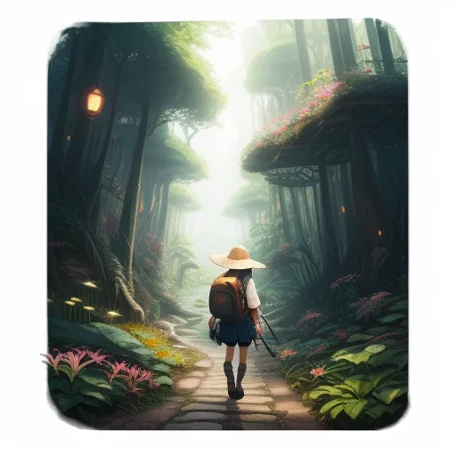 hd quality picture - a woman with a hat walking down a path in the woods with flowers on either side of her head, by Hayao Miyazaki