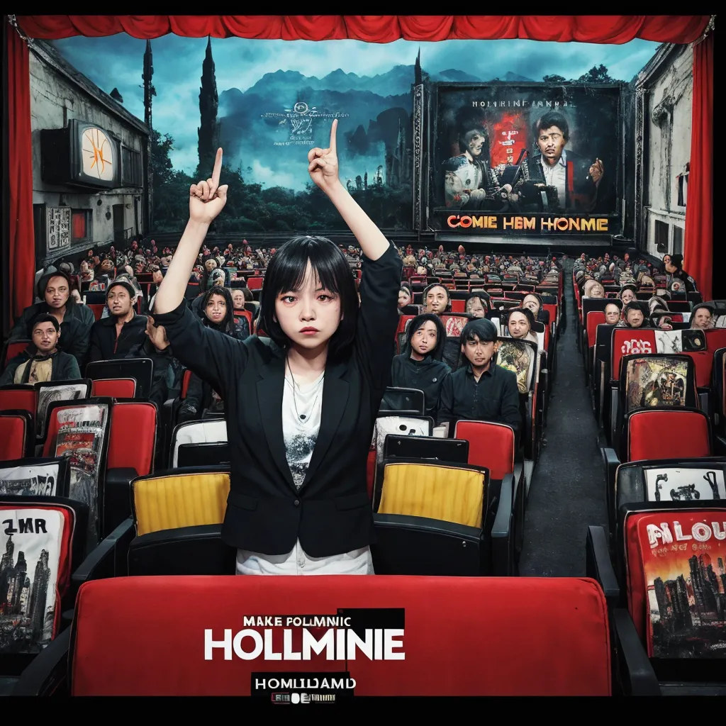 a woman in a movie theater with her hands up in the air and people in the audience behind her, by Yoshiyuki Tomino